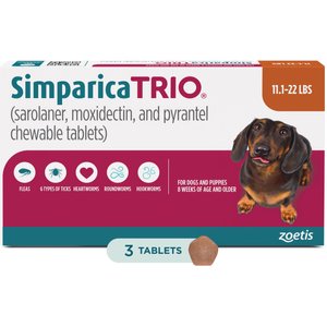 Simparica Trio Chewable Tablet for Dogs, 11.1-22.0 lbs, (Caramel Box), 3 Chewable Tablets (3-mos. supply)