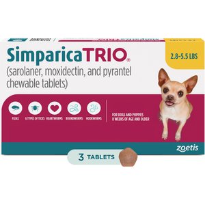 Simparica Trio Chewable Tablet for Dogs, 2.8-5.5 lbs, (Gold Box), 3 Chewable Tablets (3-mos. supply)
