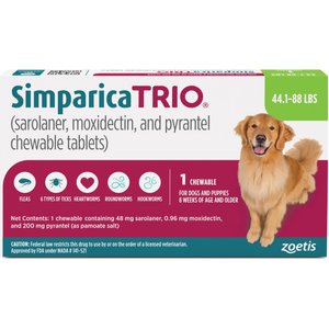 Simparica Trio Chewable Tablet for Dogs, 44.1-88 lbs, (Green Box), 1 Chewable Tablet (1-mo. supply)