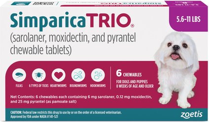 Simparica Trio Chewable Tablet for Dogs, 5.6-11.0 lbs, (Purple Box), 6 Chewable Tablets (6-mos. supply)
