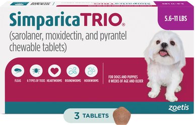 Simparica Trio Chewable Tablet for Dogs, 5.6-11.0 lbs, (Purple Box), 3 Chewable Tablets (3-mos. supply)