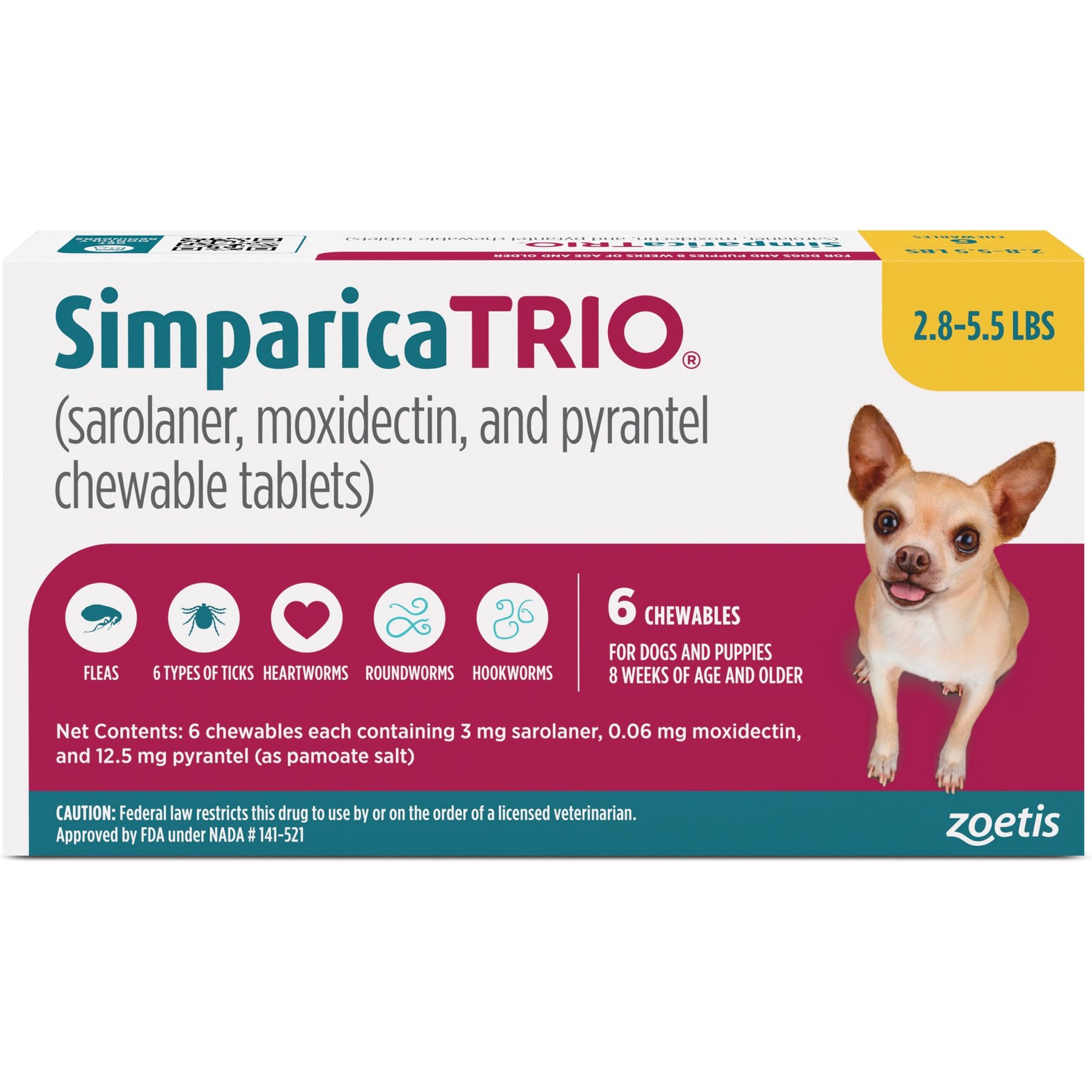 Simparica Trio Chewable Tablet for Dogs, 2.8-5.5 lbs, (Gold Box), 12 Chewable Tablets (12-mos. supply)