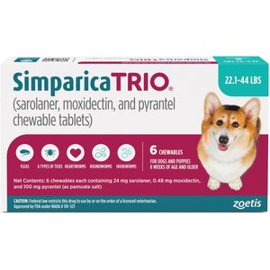 Simparica Trio Chewable Tablet for Dogs, 22.1-44.0 lbs, (Teal Box), 6 Chewable Tablets (6-mos. supply)