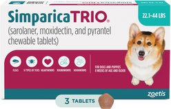 Simparica Trio Chewable Tablet for Dogs, 22.1-44.0 lbs, (Teal Box), 3 Chewable Tablets (3-mos. supply)