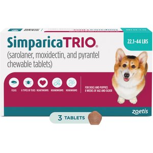 Simparica Trio Chewable Tablet for Dogs, 22.1-44.0 lbs, (Teal Box), 3 Chewable Tablets (3-mos. supply)