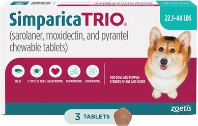 Simparica Trio Chewable Tablet for Dogs, 22.1-44.0 lbs, (Teal Box), 3 Chewable Tablets (3-mos. supply)
