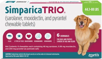 Simparica Trio Chewable Tablet for Dogs, 44.1-88 lbs, (Green Box), 6 Chewable Tablets (6-mos. supply)