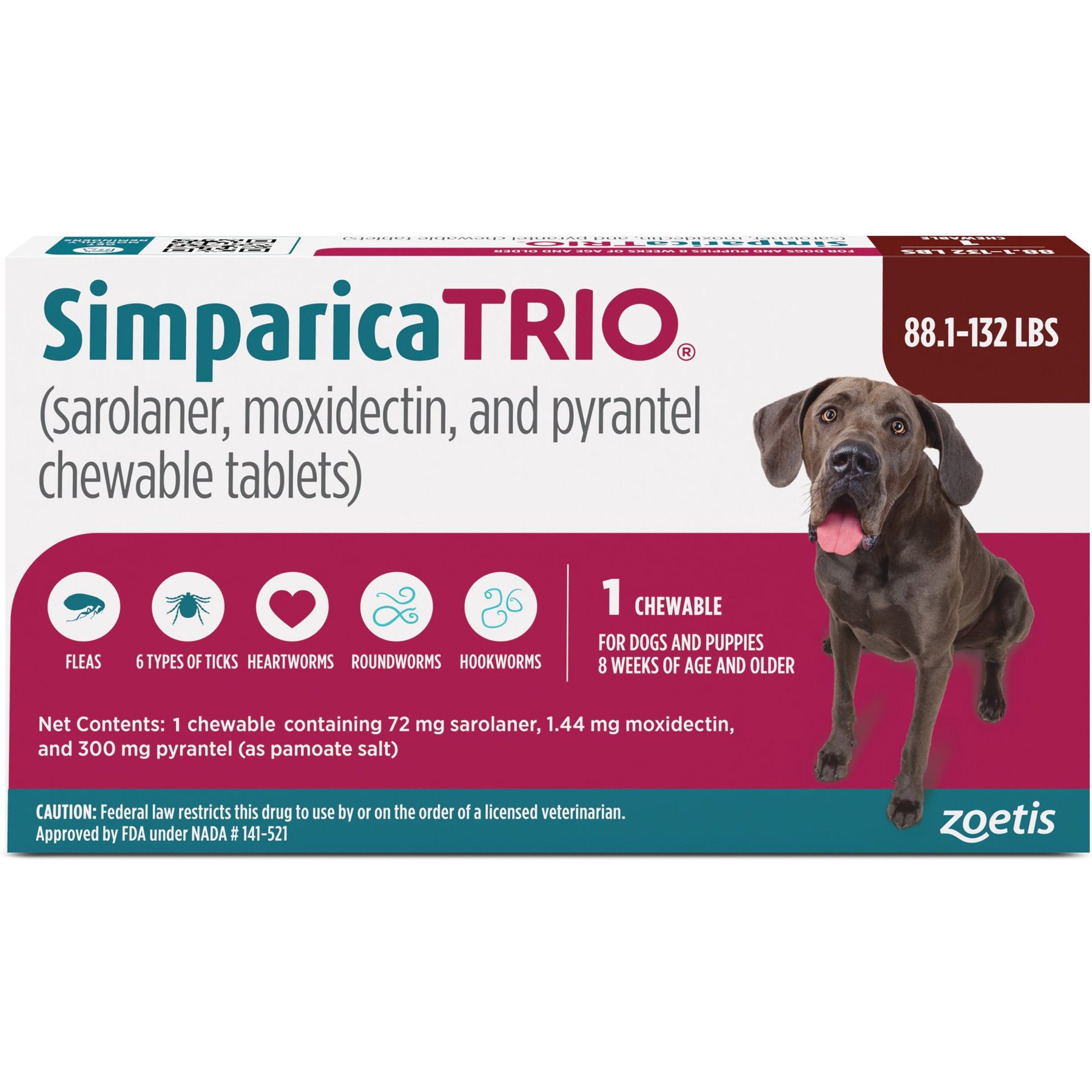 Simparica Trio Chewable Tablet for Dogs, 88.1-132.0 lbs, 1 Chewable Tablet (1-mo. supply)