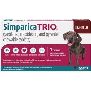Simparica Trio Chewable Tablet for Dogs, 88.1-132.0 lbs, (Brown Box), 1 Chewable Tablet (1-mo. supply)