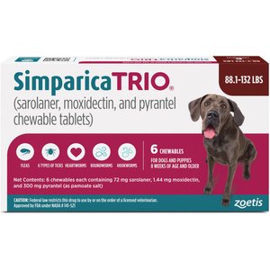 Simparica Trio Chewable Tablet for Dogs, 88.1-132.0 lbs, (Brown Box), 6 Chewable Tablets (6-mos. supply)