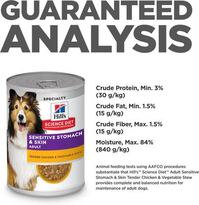 Show full view: Hill's Science Diet Adult Sensitive Stomach & Sensitive Skin Tender Chicken & Vegetable Stew Wet Dog Food, 12.5-oz can, 12 count slide 8 of 12