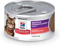 Hill's Science Diet Adult Sensitive Stomach & Sensitive Skin Salmon & Vegetable Entree Minced Wet Cat Food, 2.9-oz can, 24 count
