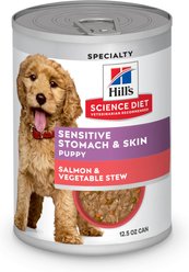 Hill's Science Diet Puppy Sensitive Stomach & Sensitive Skin Salmon & Vegetable Stew Chunks in Gravy Wet Dog Food, 12.5-oz can, 12 count