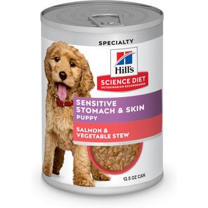 Hill's Science Diet Puppy Sensitive Stomach & Sensitive Skin Salmon & Vegetable Stew Chunks in Gravy Wet Dog Food, 12.5-oz can, 12 count