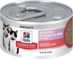 Hill's Science Diet Kitten Sensitive Stomach & Sensitive Skin Salmon & Vegetable Stew Wet Cat Food, 2.8-oz can, 24 count