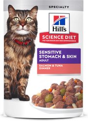 Hill's Science Diet Adult Sensitive Stomach & Sensitive Skin Salmon & Tuna Wet Cat Food, 2.8-oz pouch, 24 count