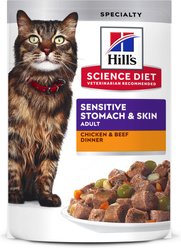 Hill's Science Diet Adult Sensitive Stomach & Sensitive Skin Chicken & Beef Wet Cat Food, 2.8-oz can pouch, case of 24