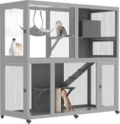 TIMHAKA 2-Tier Indoor Enclosure on Wheels 65.75-in Cat Catio with Resting Box, Platform, Sunshine Roof, Grey