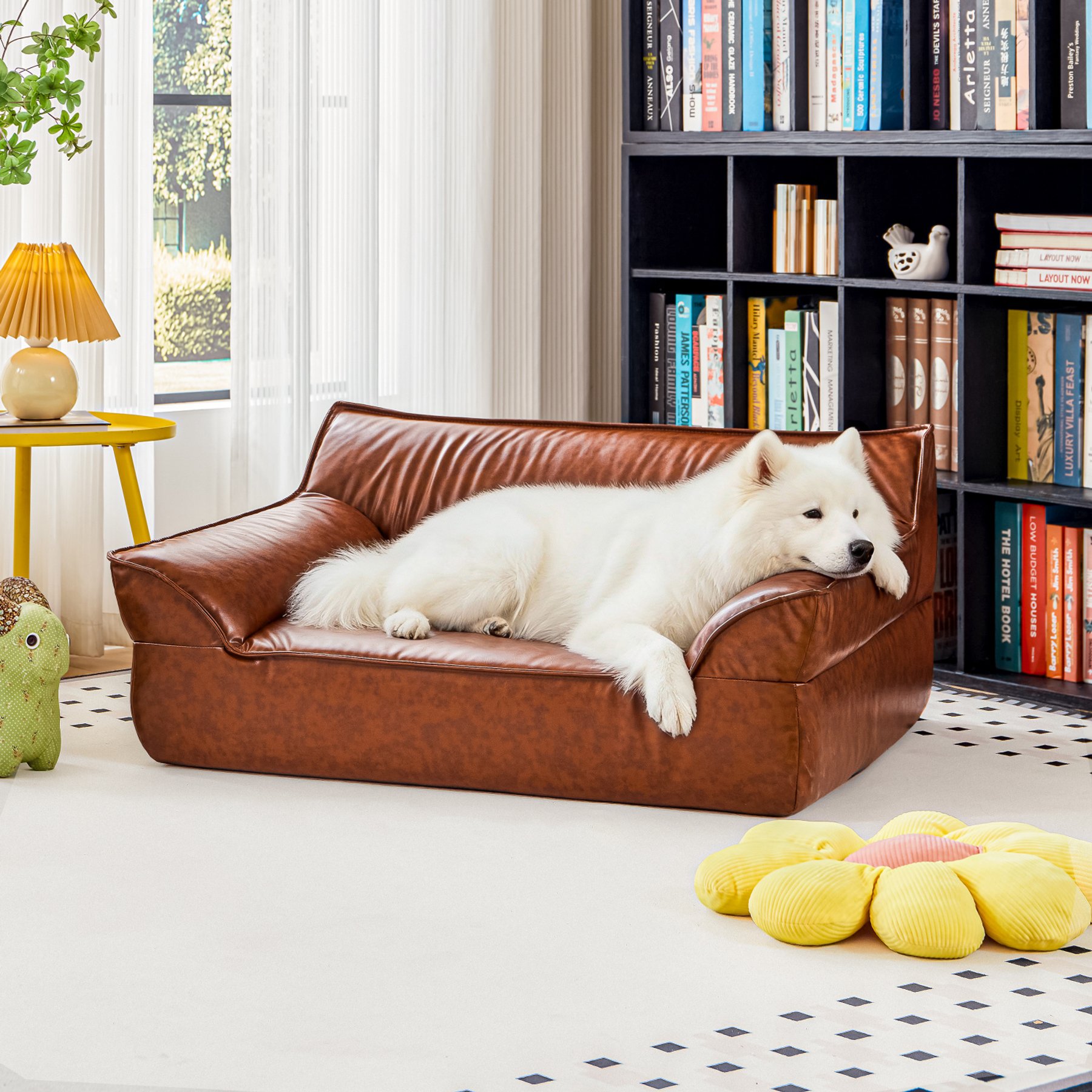ATJafurn Indoor Leather Sofa Furniture Style Elevated Dog & Cat Couch Bed, Brown, Large