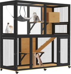 TIMHAKA 2-Tier Indoor Enclosure on Wheels 65.75-in Cat Catio with Resting Box, Platform, Sunshine Roof, Black/Yellow