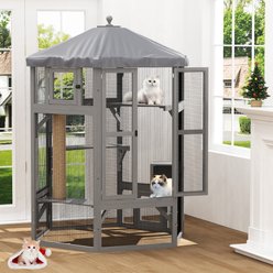 TIMHAKA Wooden Outdoor & Indoor Enclosure 64.96-in Cat Catio with Window Access, Waterproof Cover, Grey