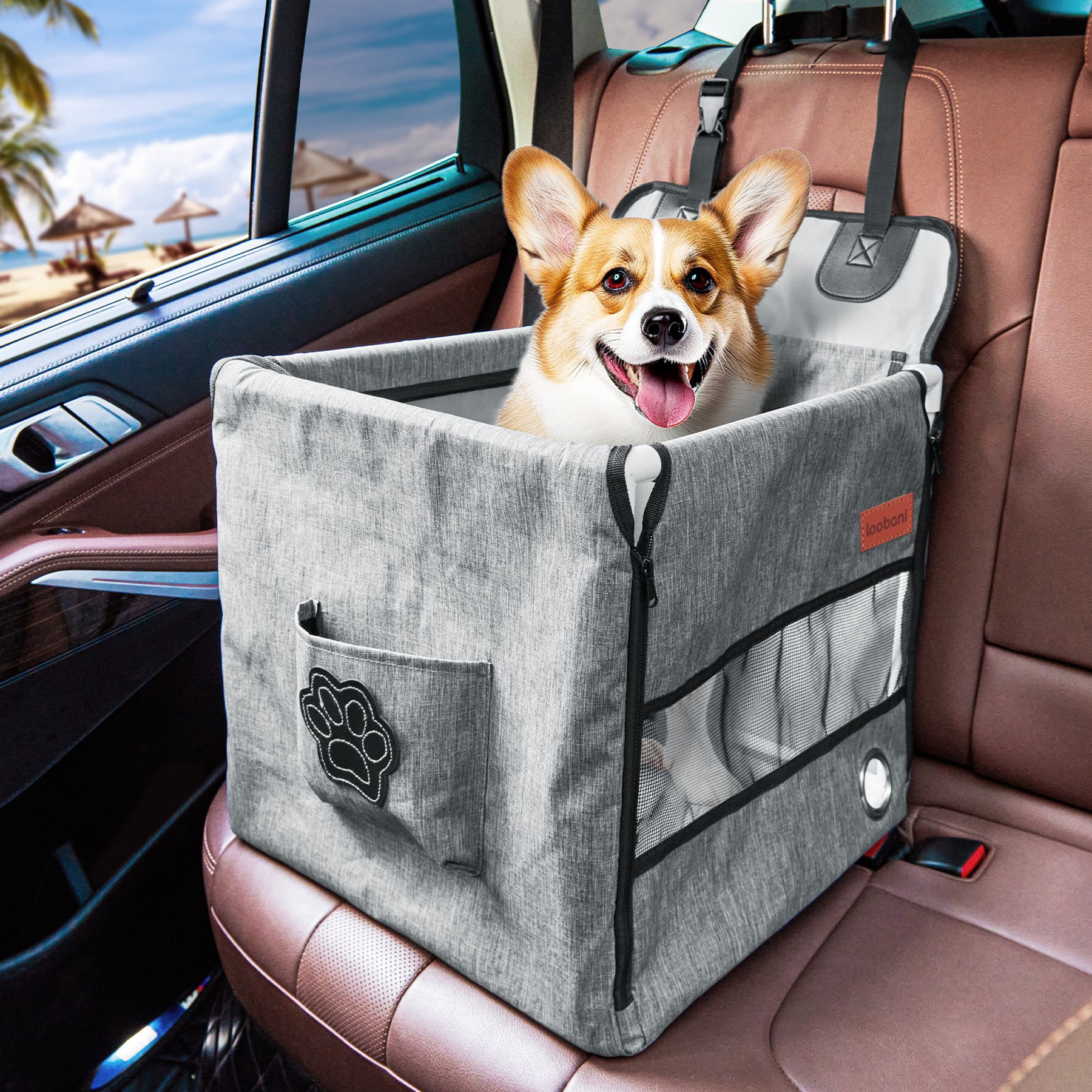 LOOBANI Waterproof Dog Car Booster Seat, Gray, 17 x 15 x 15-in