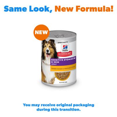Show full view: Hill's Science Diet Adult Sensitive Stomach & Sensitive Skin Tender Chicken & Vegetable Stew Wet Dog Food, 12.5-oz can, 12 count slide 3 of 12