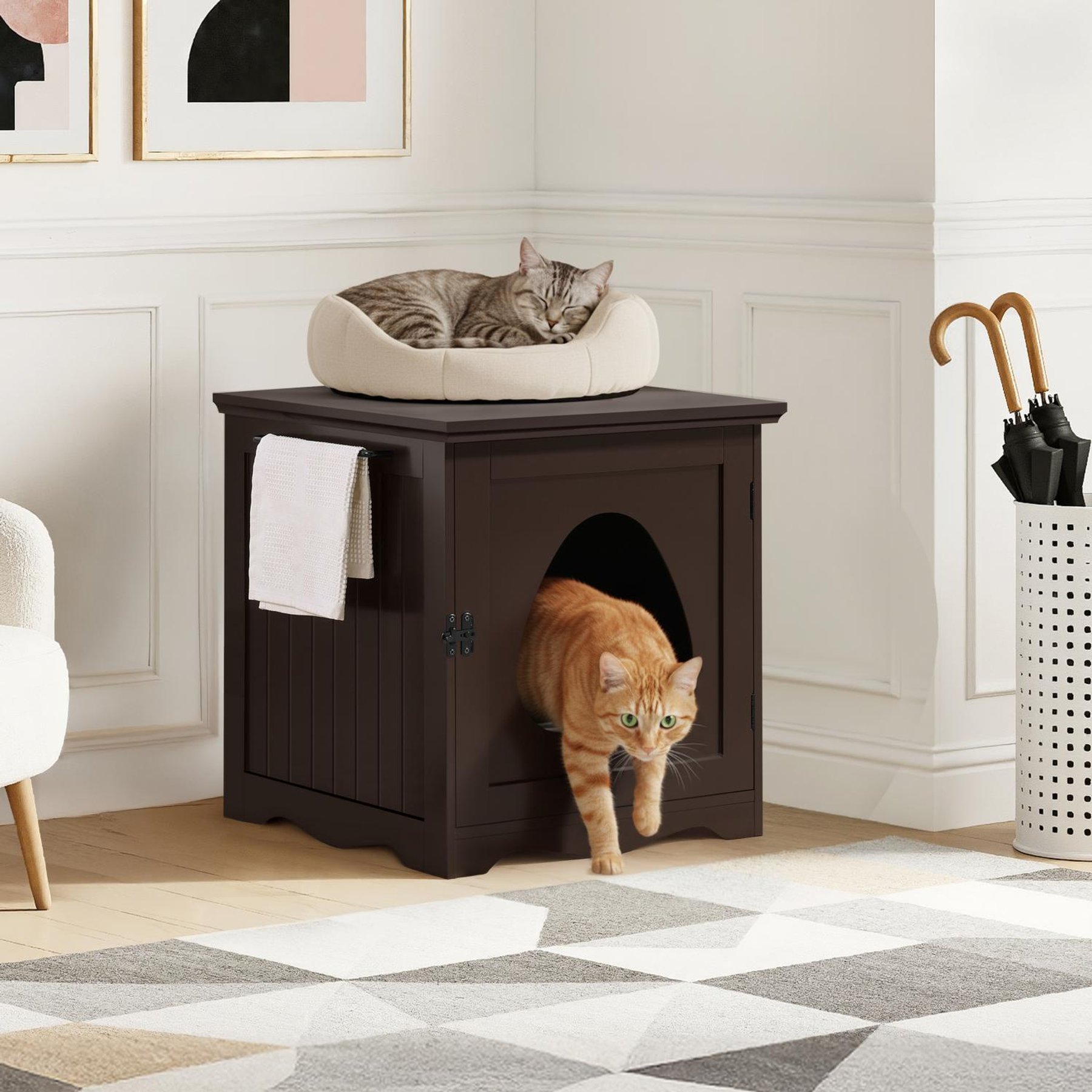 Yaheetech Washroom Bench Enclosed Cat House Cat Litter Box, Espresso, Small