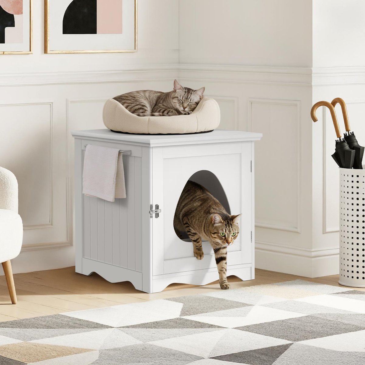 Yaheetech Washroom Bench Enclosed Cat House Cat Litter Box, White, Small