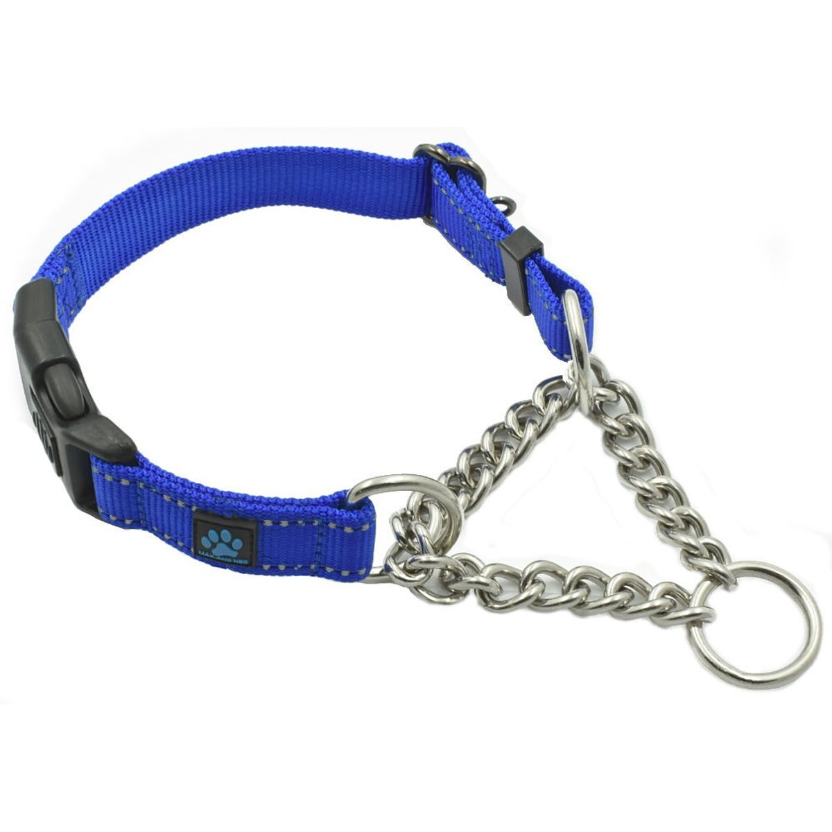 Max and Neo Dog Gear Nylon Reflective Martingale Dog Collar with Chain, Blue, Medium: 16 to 19-in neck, 1-in wide