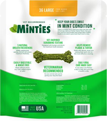 Show full view: Minties Large Mint Flavored Dental Dog Treats 50+ lbs, 48-oz bag, 36 count slide 10 of 11