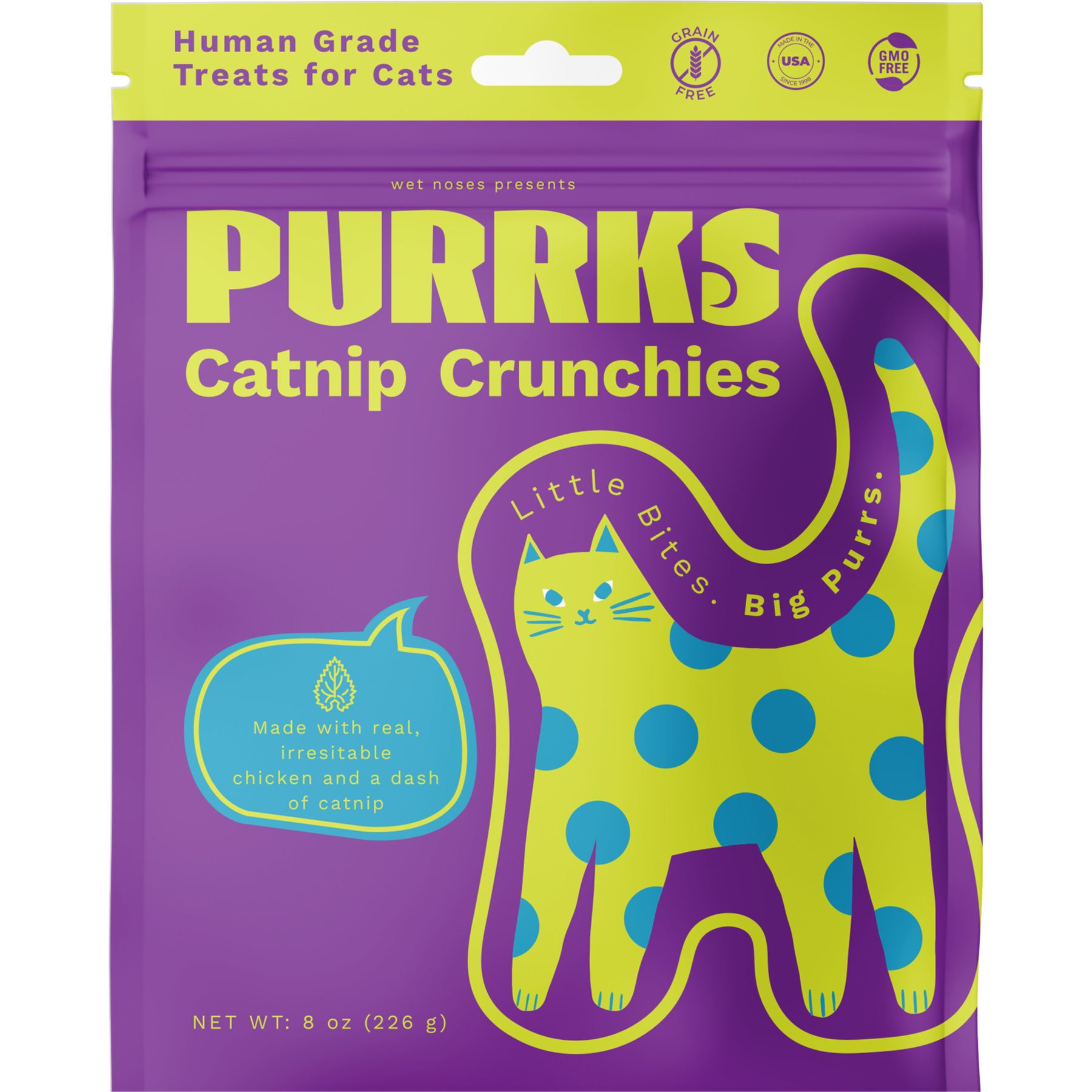 Wet Noses Purrks Human-Grade Chicken & Catnip Crunchy Cat Treat, 8-oz bag