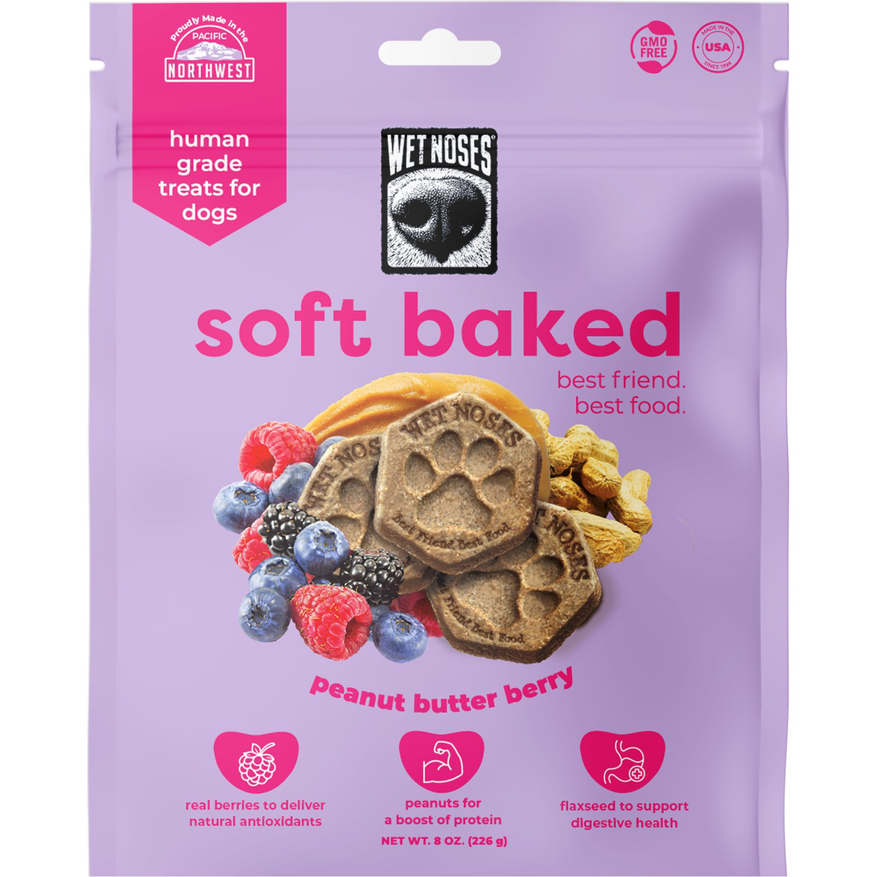 Wet Noses Soft Baked Human-Grade Peanut Butter & Jelly Soft & Chewy Dog Treats, 8-oz bag