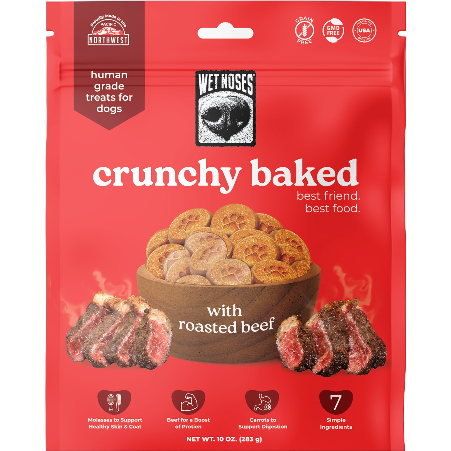 Wet Noses Human-Grade Roasted Beef Crunchy Baked Dog Treats, 10-oz bag