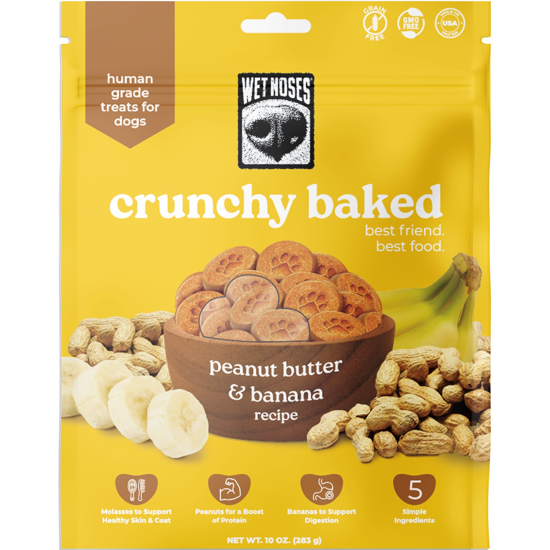 Wet Noses Human-Grade Peanut Butter Banana Crunchy Baked Dog Treats, 10-oz bag