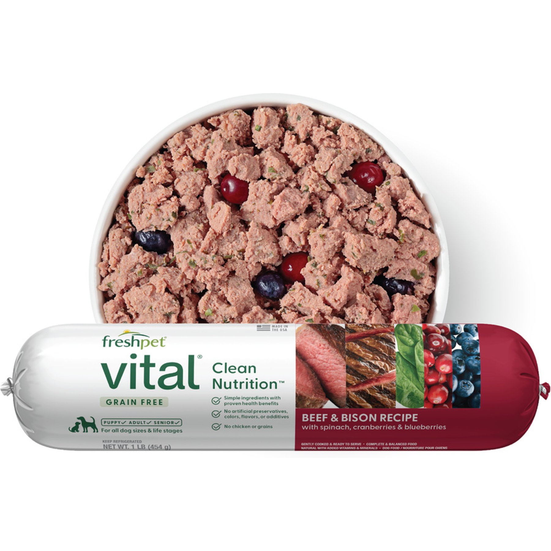 Freshpet Grain-Free Beef & Bison Recipe Fresh Refrigerated Dog Food, 1-lb roll, case of 12