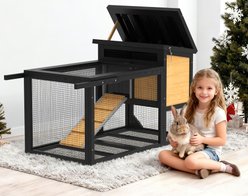 TIMHAKA 2-Story Indoor & Outdoor Small Pet Hutch with Wheels, Chew-Proof Ramp, Leak-Proof Trays & Openable Waterproof Roof, Black/Yellow, 47.2 x 21.98 x 27.2-in
