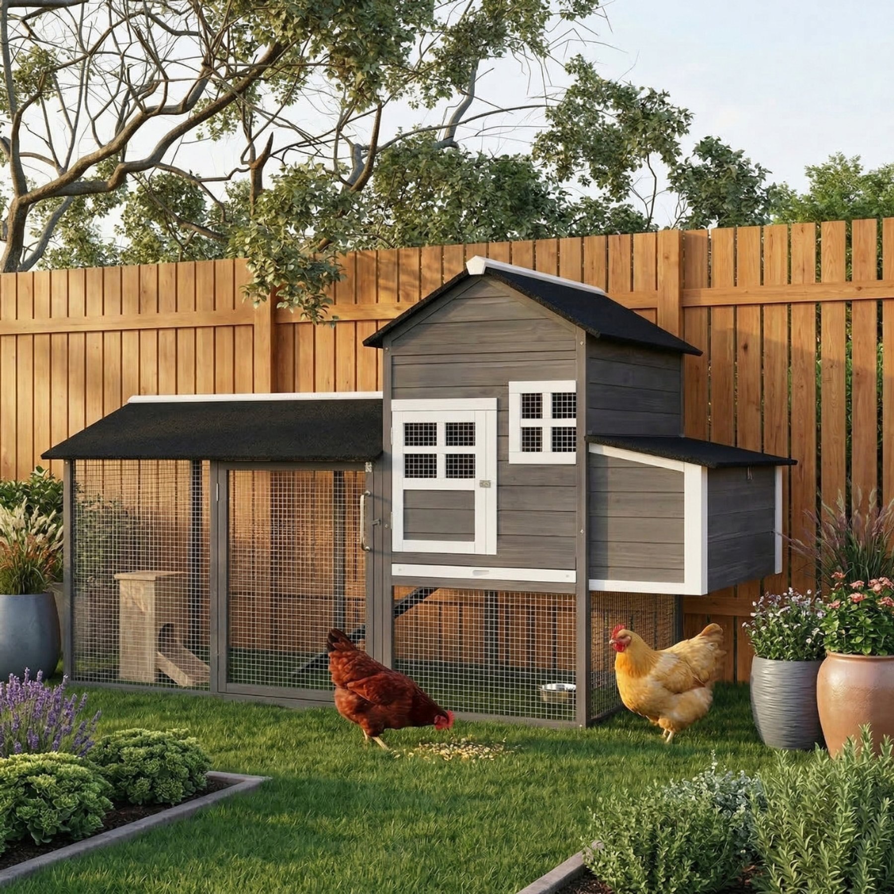 PawHut 84-in Elevated Wooden Chicken Coop, Nesting Box, Outdoor Run, Lockable Doors, Gray