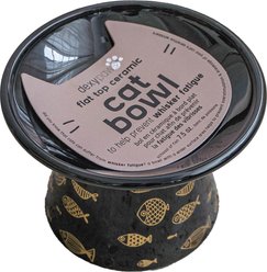 Dexypaws Fish Print Flat Top Feeding Ceramic Cat Bowl, Black, 7.5-oz