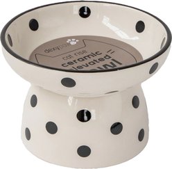 Dexypaws Polka Dots Pet Meal Feeding Ceramic Cat Elevated Bowl, White/Black, 8.7-oz