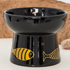 Dexypaws Black & Gold Fish Feeding Ceramic Cat Elevated Bowl, Black, 7-oz slide 2 of 6