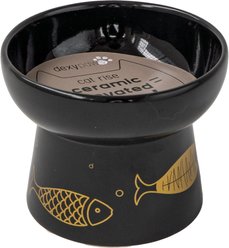 Dexypaws Black & Gold Fish Feeding Ceramic Cat Elevated Bowl, Black, 7-oz