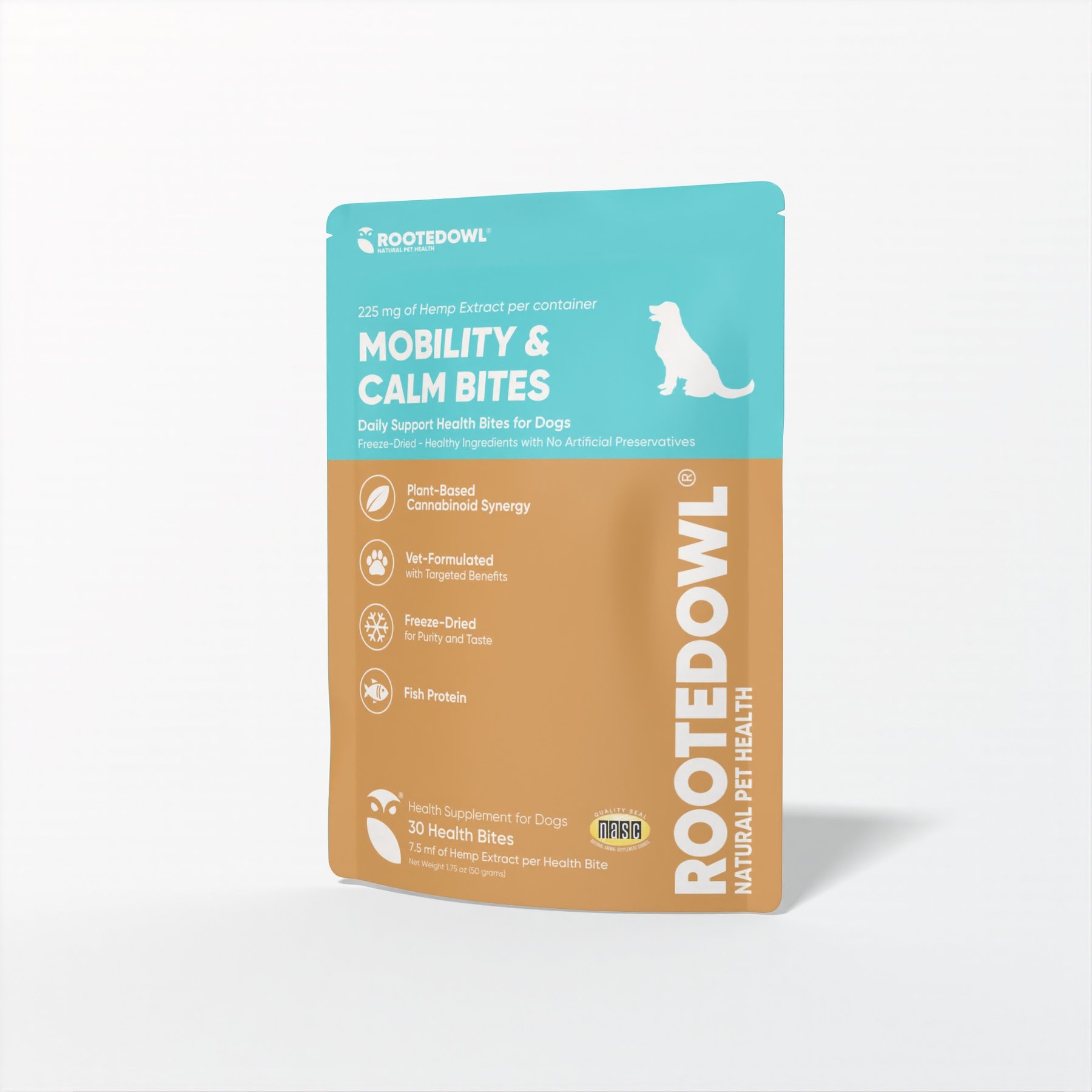 Rooted Owl Mobility & Calm Hemp Extract Bites Fish Flavored Calming Supplement for Dogs, 1.75-oz, 30 count
