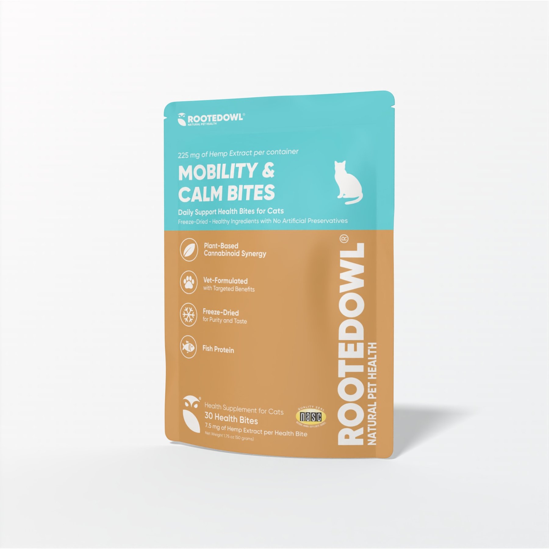 Rooted Owl Mobility & Calm Hemp Extract Bites Fish Flavored Calming Supplement for Cats, 1.75-oz, 30 count