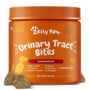 Zesty Paws Urinary Tract Bites Bacon Flavored Soft Chews Cranberry Bladder Kidney Supplement for Dogs, 90 count