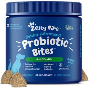 Zesty Paws Advanced Probiotic Bites Chicken Flavored Soft Chews Digestive Supplement for Senior Dogs, 90 Count
