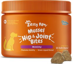 Zesty Paws Mussel Mobility Bites Chicken Flavored Soft Chews Hip & Joint Supplement for Dogs, 90 count