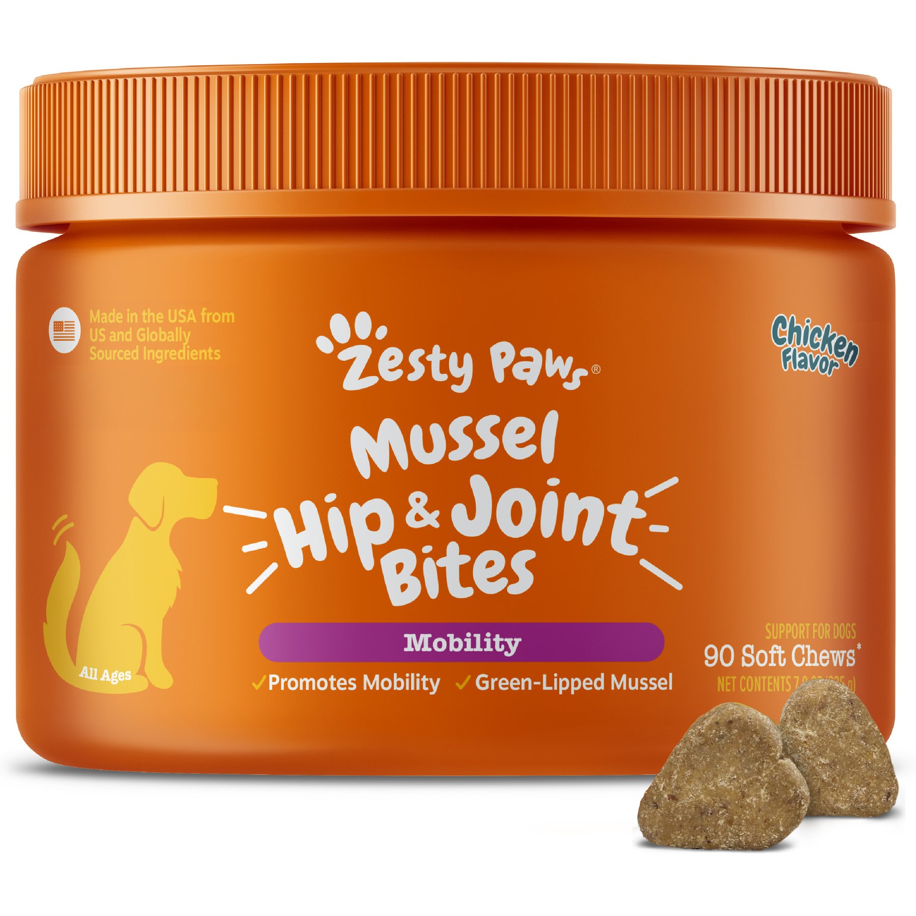 Zesty Paws Mussel Mobility Bites Chicken Flavored Soft Chews Hip & Joint Supplement for Dogs, 90 count