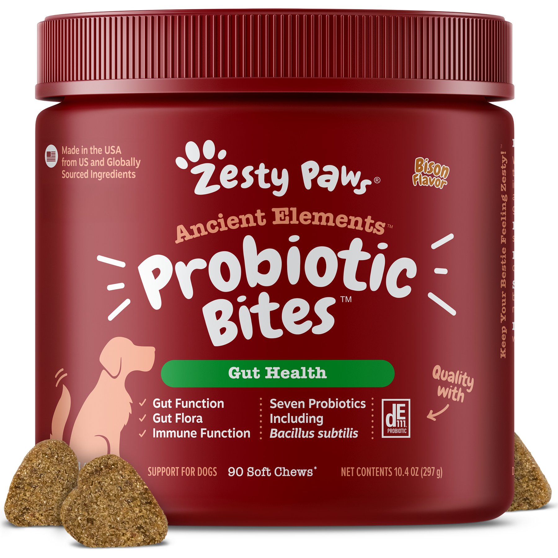 Zesty Paws Ancient Elements Probiotic Bites Bison Flavored Soft Chews Digestive Supplement for Dogs, 90 count