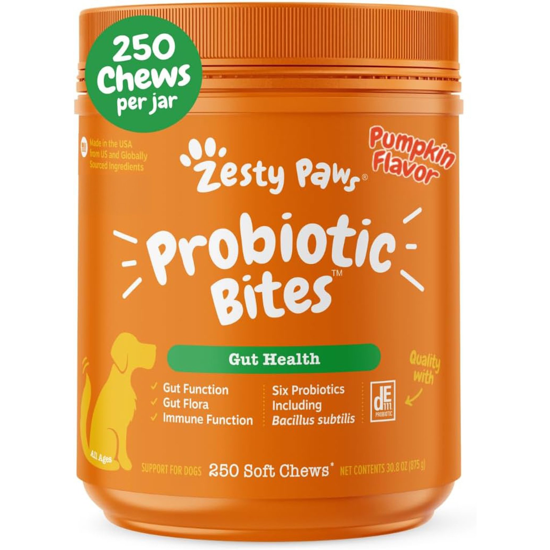 Zesty Paws Probiotic Bites Pumpkin Flavored Soft Chews Gut Flora & Digestive Supplement for Dogs, 250 count